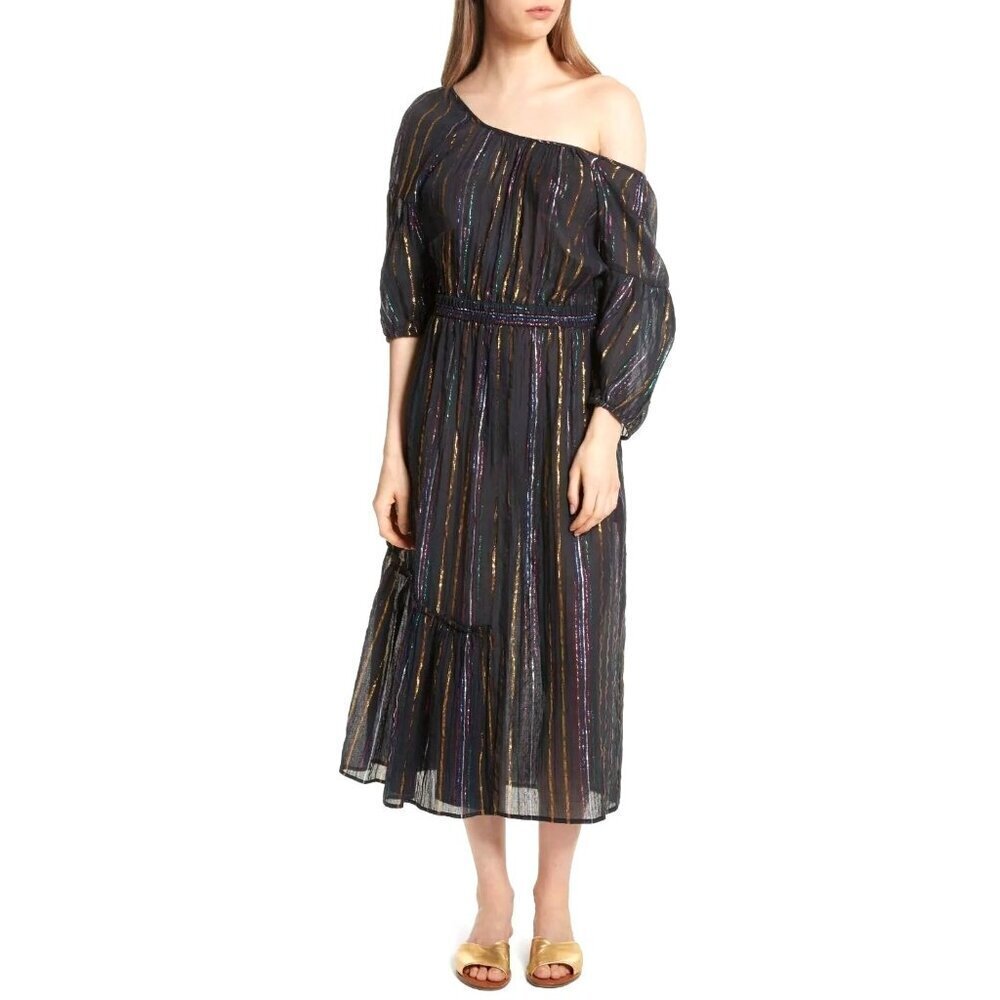 Apiece Apart Dress Women 4 Black Metallic Rainbow‎ Stripe Camellia Midi Party
